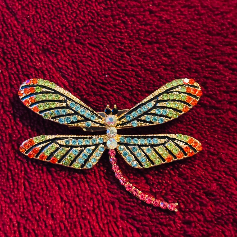 Multicolor Rhinestone Dragonfly Brooch Gold Tone Insect Pin - Picture 5 of 7